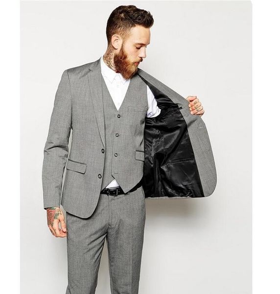 Design personalizado de Alta Qualidade Notched Lapela Cinza Claro Noivo Smoking Homens Festa Ternos Groomsmen Ternos em Casamento (Jacket + Pants + Tie + Vest) 260