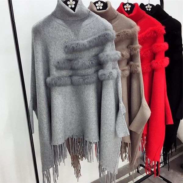 

new fashion autumn and winter women high collar real fur cloak pullover lady bat sleeves tassel poncho sweater knitwear, White;black