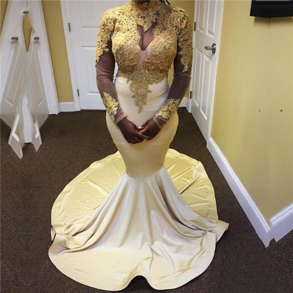 

high neck mermaid long sleeve prom dress black girls dress ivory and gold african plus size formal evening party gown custom made