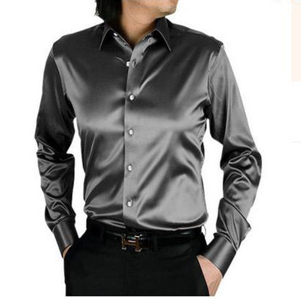 

long sleeve autumn spring thin fashion loose casual silk men dress shirt plus size plus size soft male good quality top, White;black