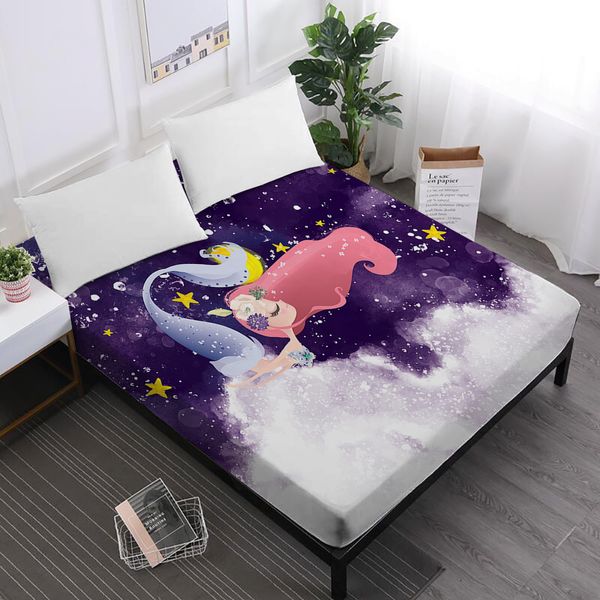 

sweet mermaid print bed sheet girls dreamlike cartoon fitted sheet colorful bedclothes twin full king queen mattress cover d49