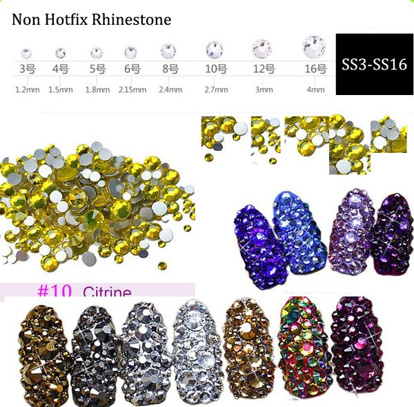 

3d nail art rhinestone ss3 ss4 ss5 ss6 ss10 ss12 ss16 1440 pcs glass gem citrine rhinestone non fix nail art decoration, Silver;gold