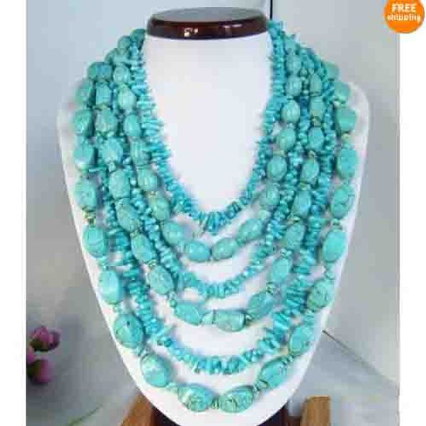

6rows blue turquoise necklace & earring mixes size turquoise fashion woman's jewelry ing, Silver