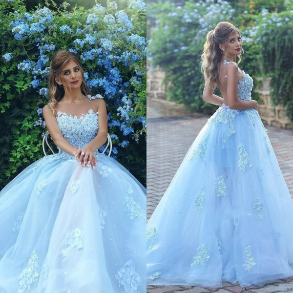 

light blue lace evening dresses a line sheer jewel neck appliques beaded tulle prom dresses with sweep train, Black;red