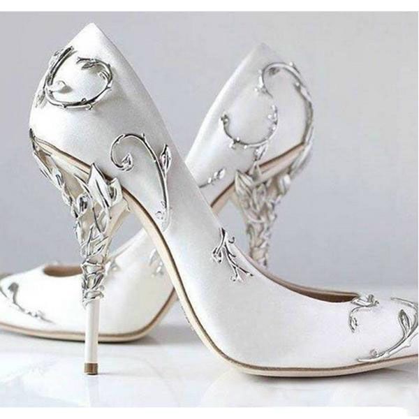 

2019 Pink Blue Satin Bridal Wedding Shoes Pointed Eden Pumps Women High Heels 10 cm With Leaves Shoes For Evening Cocktail Prom Party