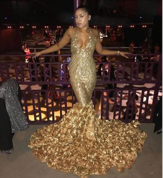 

2019 gold deep v neck prom dresses with rose train low back mermaid evening gowns count train african vestidos party dress, Black