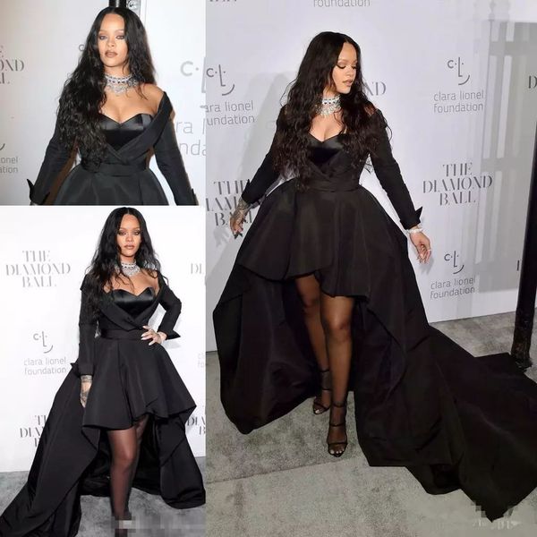 

2019 rihanna formal dresses sweetheart long sleeve high low style prom dress black satin celebrity evening gowns for special occasion, Black;red