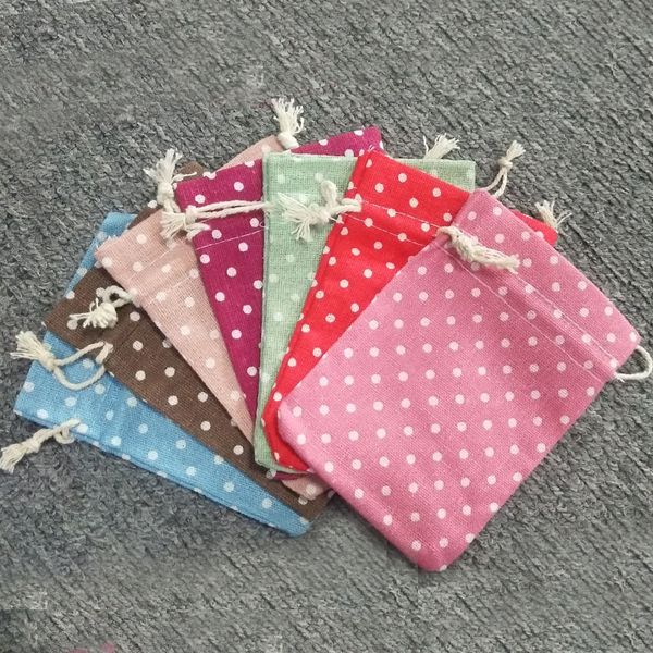 

50pcs/lot dots design cotton bags 10x14cm linen drawstring gift bag muslin cosmetics gifts jewelry packaging bags & pouches