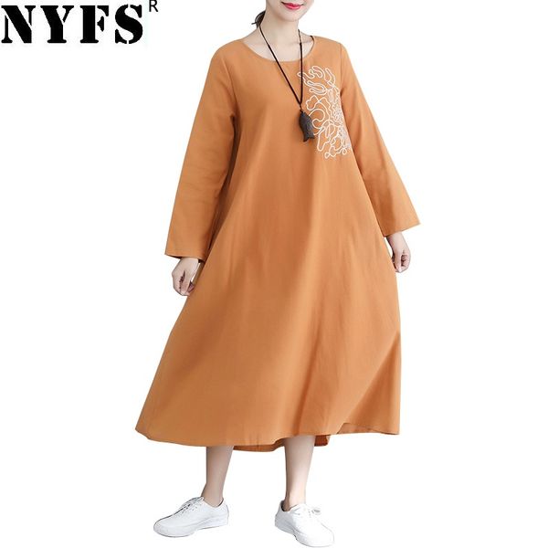 

nyfs 2018 new autumn dress fashion embroidered loose cotton linen women long dress vestidos robe elbise, White;black