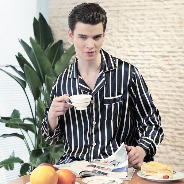 

вышитые шелковые пара пижамы мужчины весна с длинными рукавами брюки костюмы, Black;brown