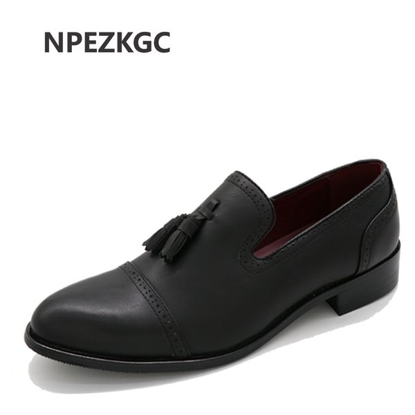 

npezkgc men shoes oxfords bullock autumn tassels brogues male dress business shoes slip on casual flats, Black