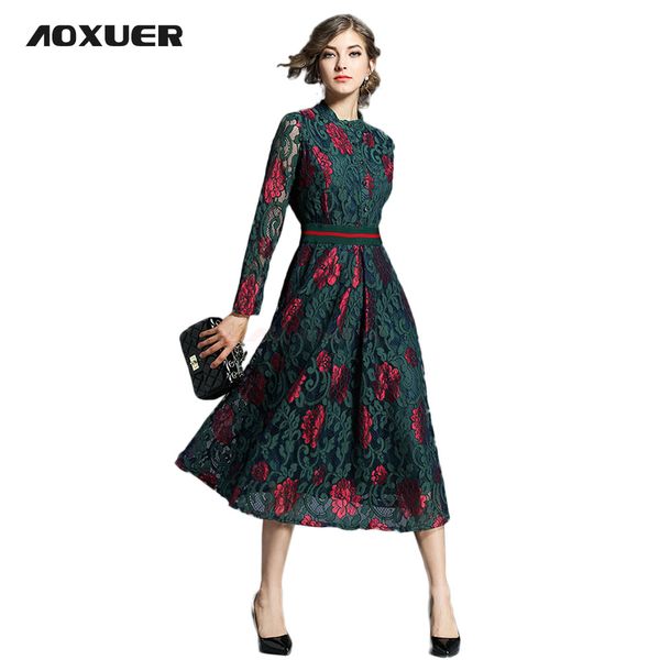 

aoxuer new 2018 spring a line high street flower print dress women elegant empire slim long vestido office casual dress b620, White;black