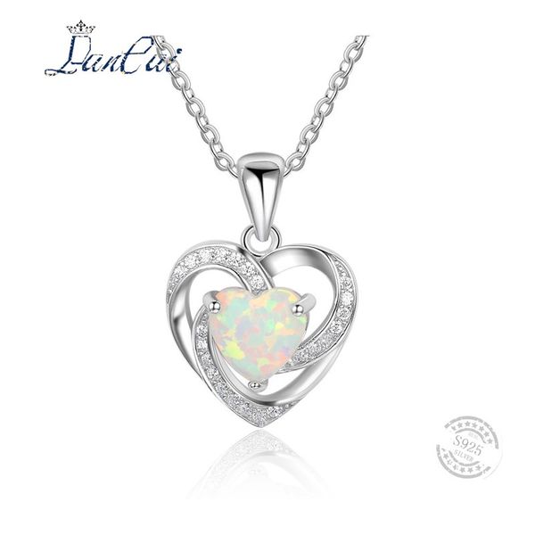 

lancai helical 925 sterling silver pendant necklace love heart white fire opal inlaid zircon fine jewelry for women