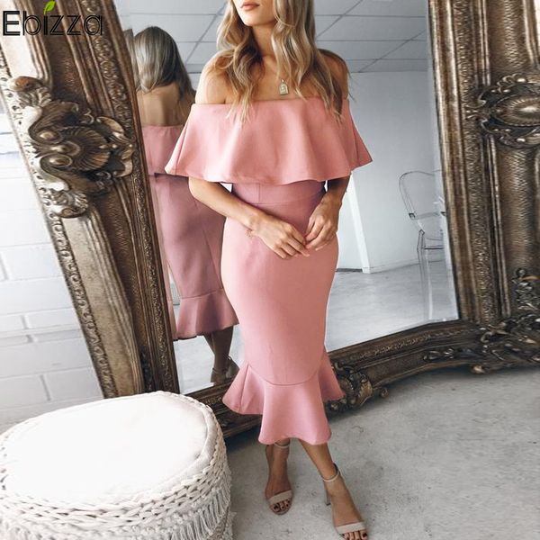 

ebizza off shoulder ruffles bandage dress women slash neck mermaid bodycon midi dress robe vintage party vestidos summer, White;black