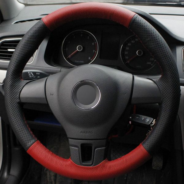 

red black genuine leather hand-stitched car steering wheel cover for volkswagen vw tiguan lavida passat b7 jetta mk6