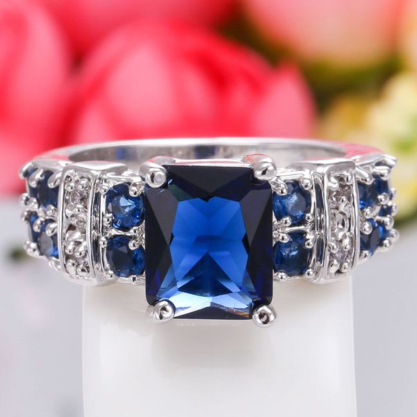 

drak blue square stone rings for women wedding engagement ring blue crystal ring silver jewelry bague femme anillos mujer o3f362, Golden;silver