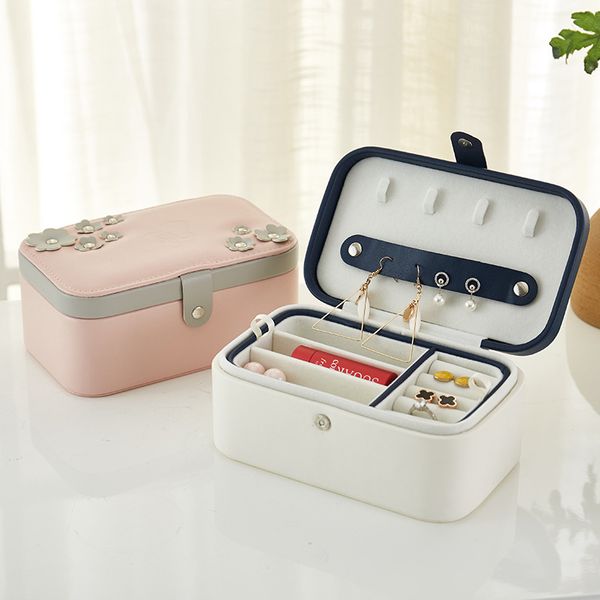 

floral decoration jewelry box pu leather jewelry organizer with adjustable compartment display storage case for rings earrings bracelets, Blue;pink