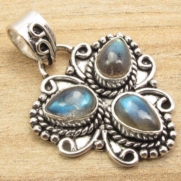 

christmas pendant, blue fire 3 gemset labradorite silver plated jewelry, Black