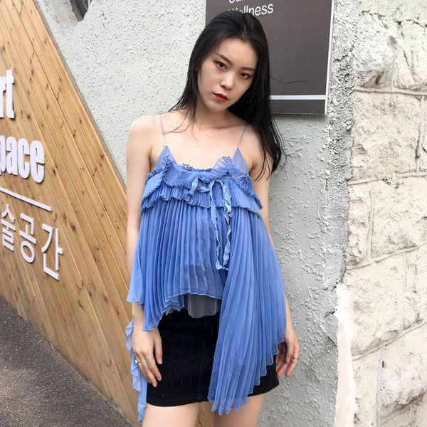 

fresh temperament show white pleated cascading splicing gauze with irregular t8101 condole belt unlined upper garment, Black;white