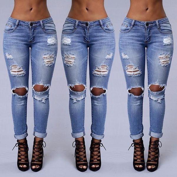 

low waist holes ripped elastic straight skinny jeans, Blue
