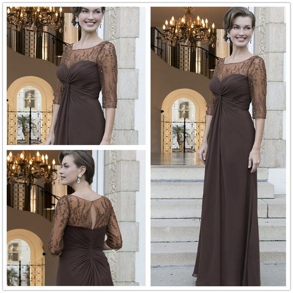 

long brown mother of the bride dress outfit half sleeve beadings neck chiffon mother of the groom suit formal evening party dress, Black;red