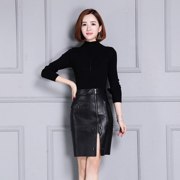 

new high-waist leather skirt, Black