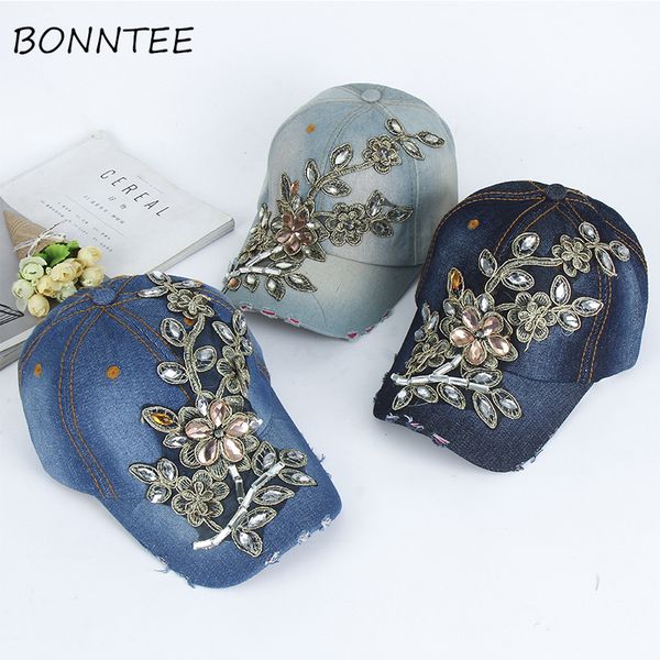 

caps women korean floral embroidered drilling fashion sun shade womens chic adjustable denim baseball caps students daily lovely, Blue;gray