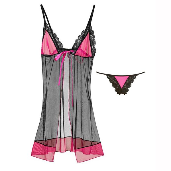 

erotic lingerie lady nightgown sling stitching screen yarn open chest thong set foreign trade wholesale, Black