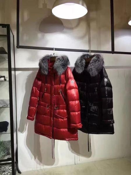 

m brand winter women's down jacket 100% leather large silver fox fur collar coveralls hooded down parkas, Black