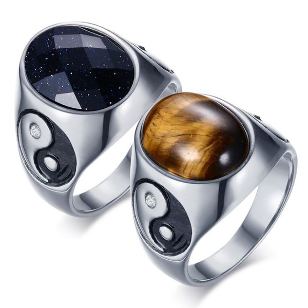 

vintage men boy oval tiger eye brown stones with yin yang symbol ring in stainless steel jewelry mens accessories anel aneis, Golden;silver