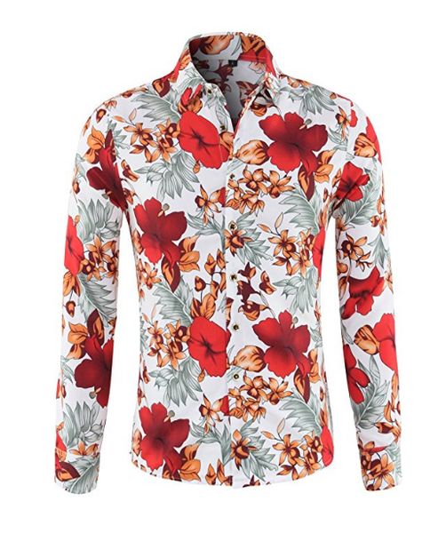 

flowers printed 2018 summer fashion men's shirt stylish slim fit button down long sleeve hawaiian camisa masculina male shirts, White;black