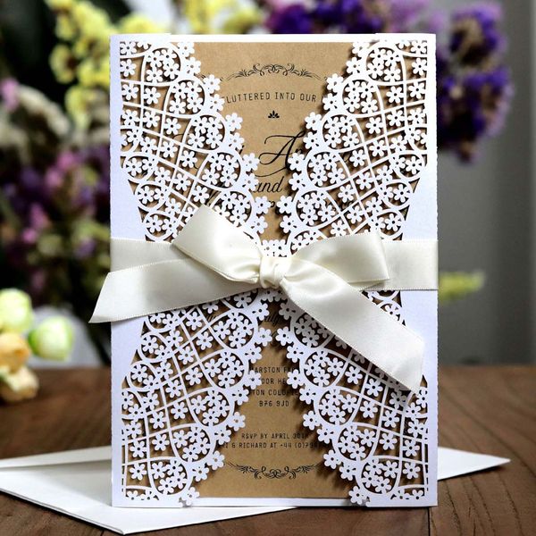 

100pcs vintage white wedding invitations cards with flora hollow laser cut elegant engagement for birthday party invitation customizable, Black