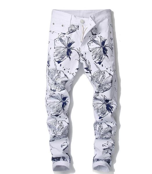 

new fashion floral flower digital print jeans men's punk rock nightclub elastic white skinny casual pants trousers #906, Blue