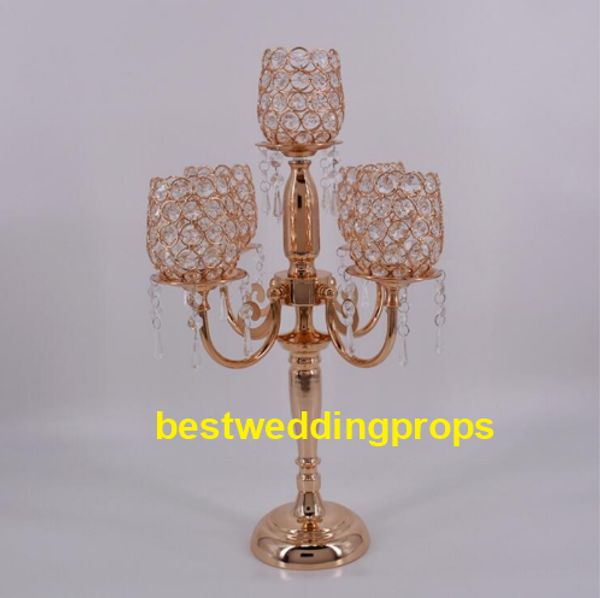 eleganti alti matrimoni all'ingrosso candelabri di cristallo antico metallo dorato 5 braccia candelabri centrotavola per la decozione della tavola di nozze best0279