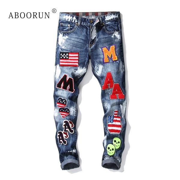 

aboorun men's fashion skinny painted jeans us flag letters embroidery jeans brand joggers for male x1802, Blue