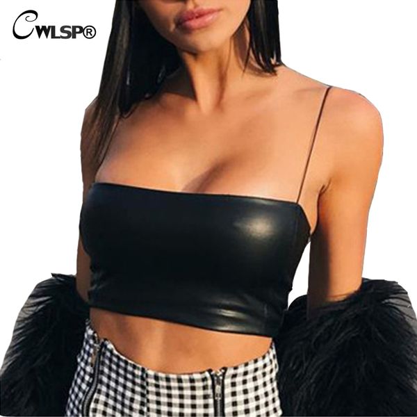 

cwlsp black women tank pu skinny straps cropped summer fashion streetswear women regata feminina qa2192, White