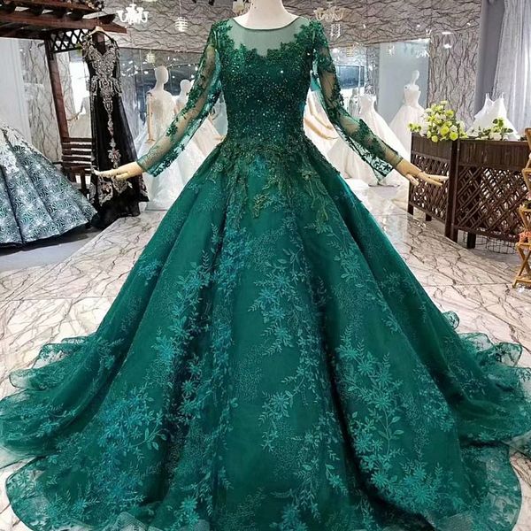 

2019 green mu lim evening dre e lace long leeve o neck bead flower ball gown women occa ion dre e china whole ale girl pageant dre