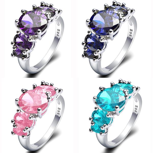 Venta directa de anillos reales Color de mezcla 2 unids/lote joyería de vacaciones al por mayor fiesta de regalo rosa azul amatista gemas de circón anillo de plata esterlina 925