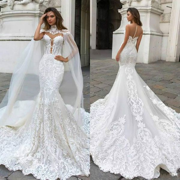 

2019 gorgeou mermaid lace wedding dre e with cape heer plunging neck bohemian wedding gown appliqued plu ize bridal ve tido de nnovia
