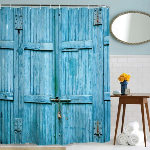 

new blue wooden doors polyester waterproof mouldproof bathroom shower curtain with 12 hooks