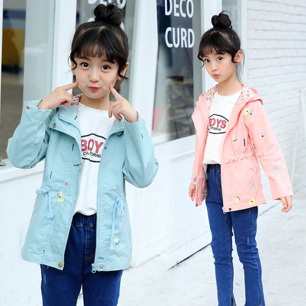 

girls windbreaker autumn and winter trench 4-11y korean floral lining embroidered flower drawstring belt with hood slim fit, Camo