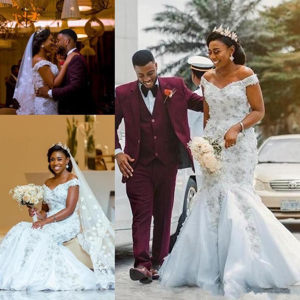 

saudi africa plus size wedding dresses off the shoulder appliques beaded mermaid wedding dress sweep train lace up back bridal gowns, White