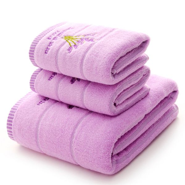 

wholesale-3pcs/set super soft lavender 100% cotton bathroom towel sets 1pc bath towel washcloth 2pcs face towels for adults home textiles