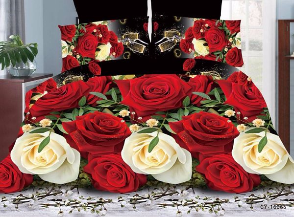 

3d red -yellow rose wedding presens bed linen bedding set sheet duvet cover pillowcases luxury king  size comforter cover