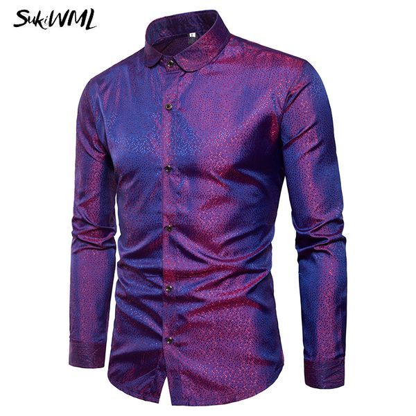 

SUKIWML сексуальный клуб блестящий Camisa Masculina 2018 новая сорочка Homme Весна полный длинны