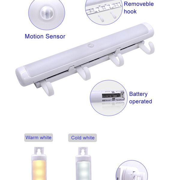 Movimento LED Sensor Gabinete Luz Branco Quente Branco USB destacável Hooks Indoor Luz para parede do banheiro Corredor Stair