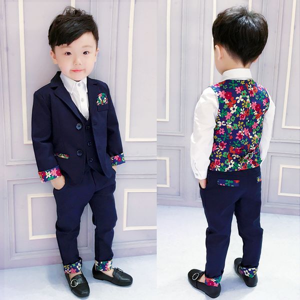

retail one set floral baby suit blazers pant vest shirt 4parts fashion show child costume slim boy clothing set 2 to 10 years, White