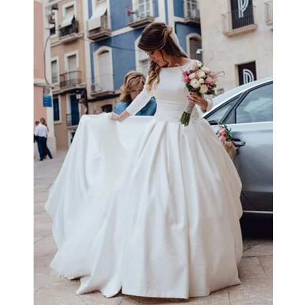 

2020 simple satin wedding dress long sleeve backless elegant sweep train wedding dresses vestido de noiva, White