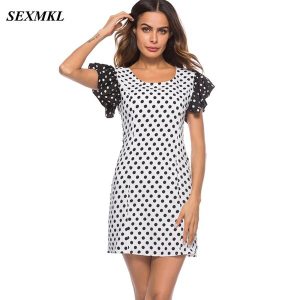 

sexmkl summer dress female 2018 casual polka dot dresses elegant short sleeve vestidos ladies office bodycon white dress, Black;gray