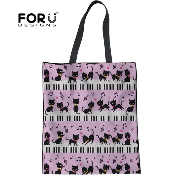 

forudesigns reusable women shopping bags cute cat with piano music note print large casual canvas ladies big tote shopper bags